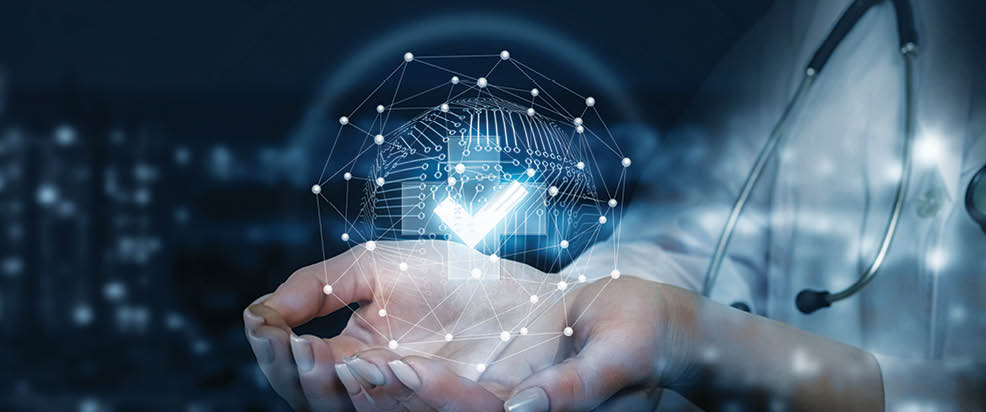 A closeup of doctor with stethoscope holding a digital system of medical sign and quality symbol surrounded with networking connections at dark background  The concept of medical service quality 