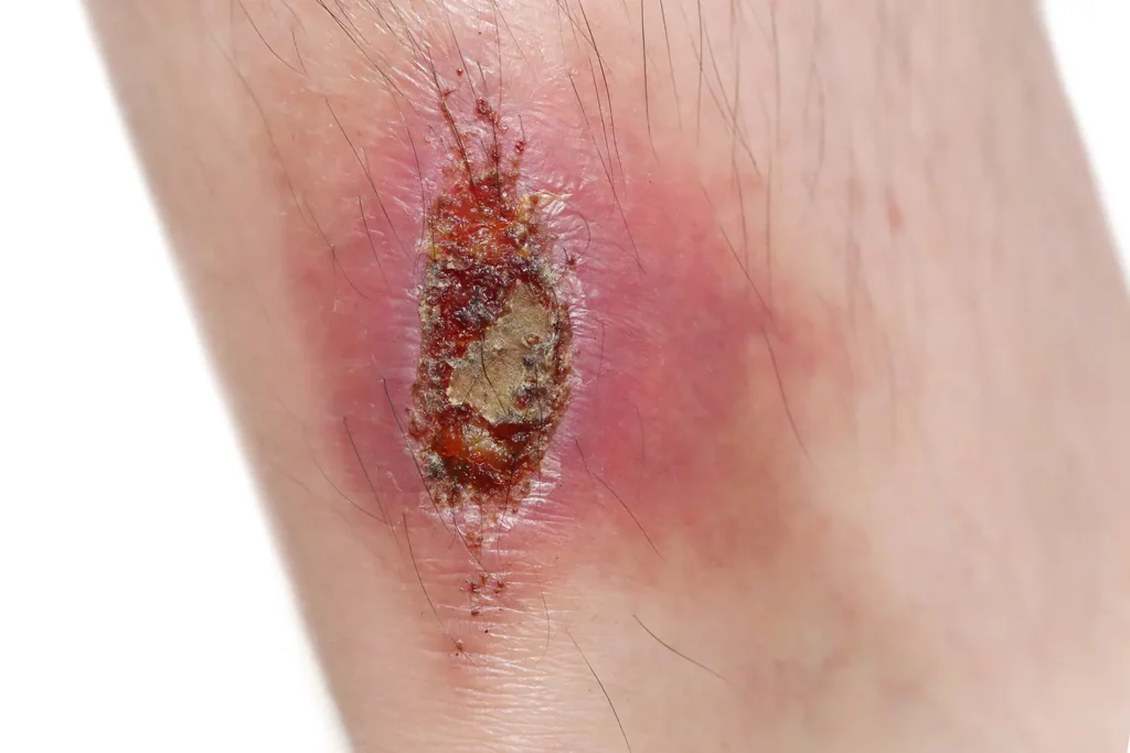 Close-up photograph of an infected wound