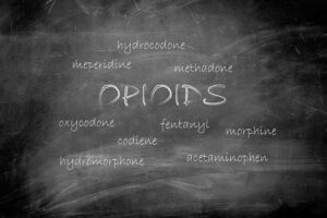 A photograph of a black board with the names of various opioids written in white chalk