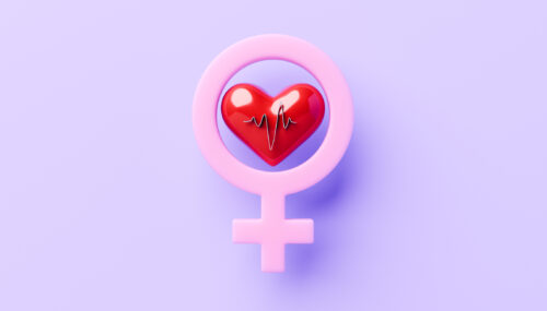 Pink female gender symbol with heart inside circle and electrocardiogram graph representing women's heart health, cardiovascular disease in women, female cardiac care, heart attack awareness, stroke prevention, and medical awareness promoting early detection and treatment of cardiac conditions specific to female patients.